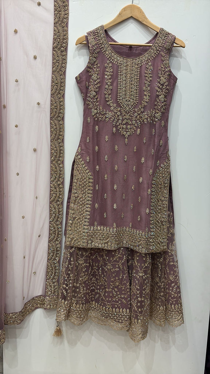 7002B- MAUVE EMBROIDERED & EMBELLISHED SHARARA SUIT