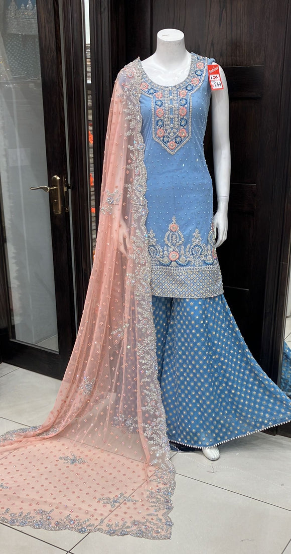 HEAVILY EMBROIDERED NET SHARARA SUIT 0173D