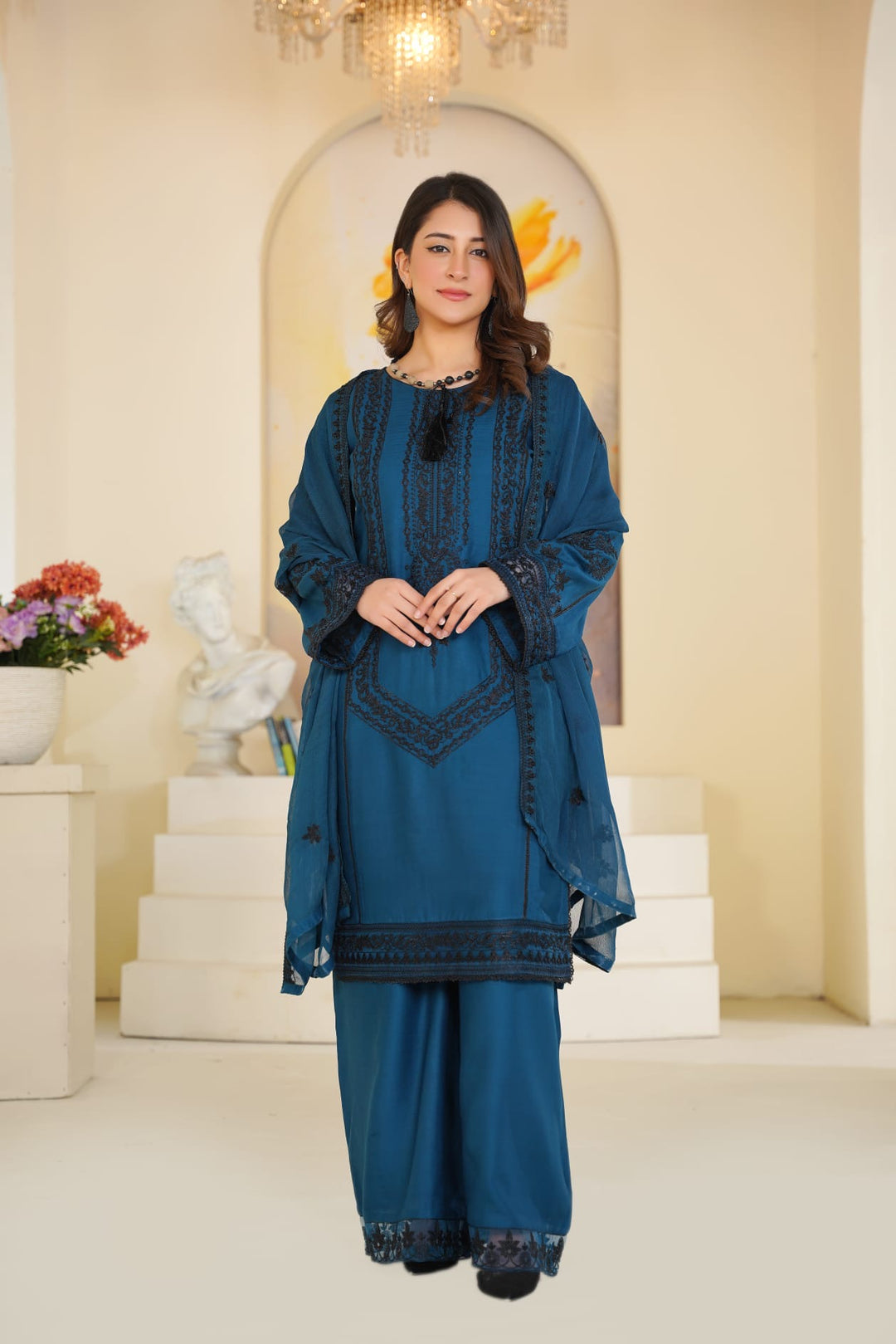 1171B - TEAL BLUE LINEN EMBROIDERED 3 PIECE SUIT