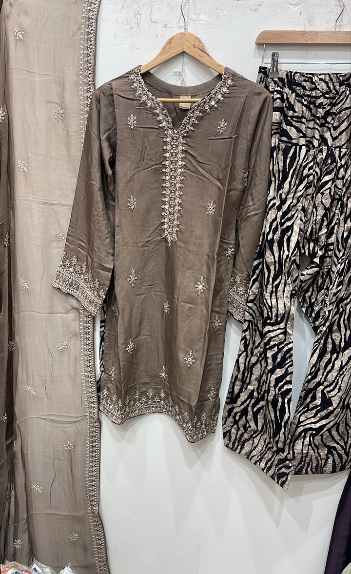 2004B Fawn Viscose Embroidered Pakistani Shalwar Suit