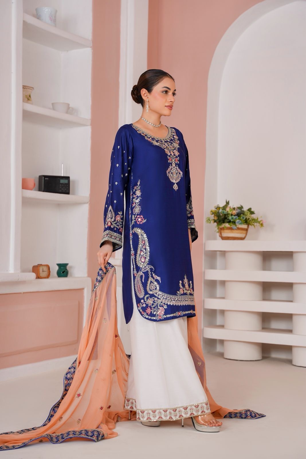 368D - BLUE VISCOSE EMBROIDERED PAKISTANI SUIT WITH CHIFFON DUPATTA