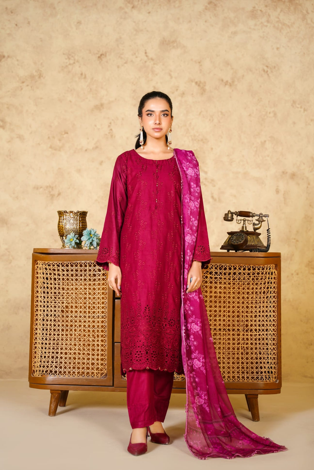 1167F- RED LINEN CHIKANKARI 3 PIECE SUIT