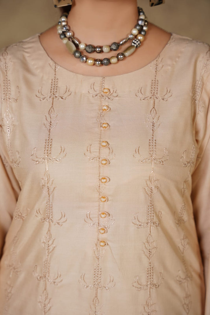 1167E- BEIGE LINEN CHIKANKARI 3 PIECE SUIT