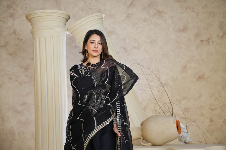 1162A - Black Embroidered Linen 3 Piece Sharara suit