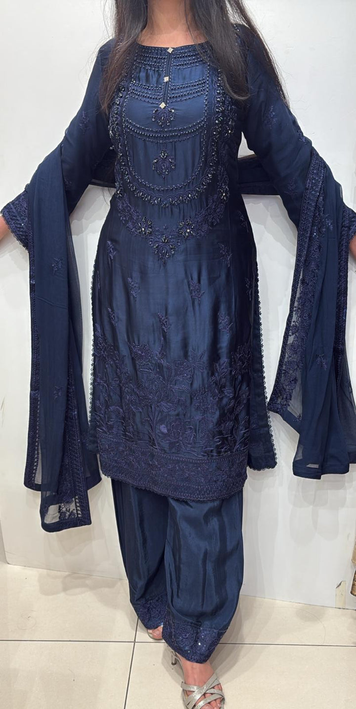 AG23a- BLUE EMBROIDERED SILK 3 PIECE SUIT