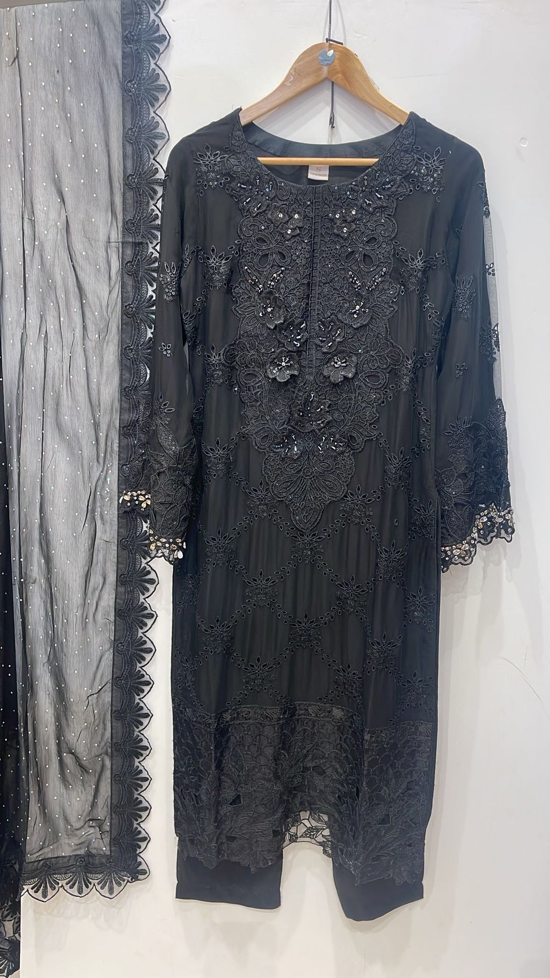 355D - Maria b inspired Black Embroidered chiffon suit