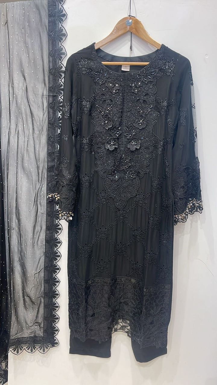 355D - Maria b inspired Black Embroidered chiffon suit