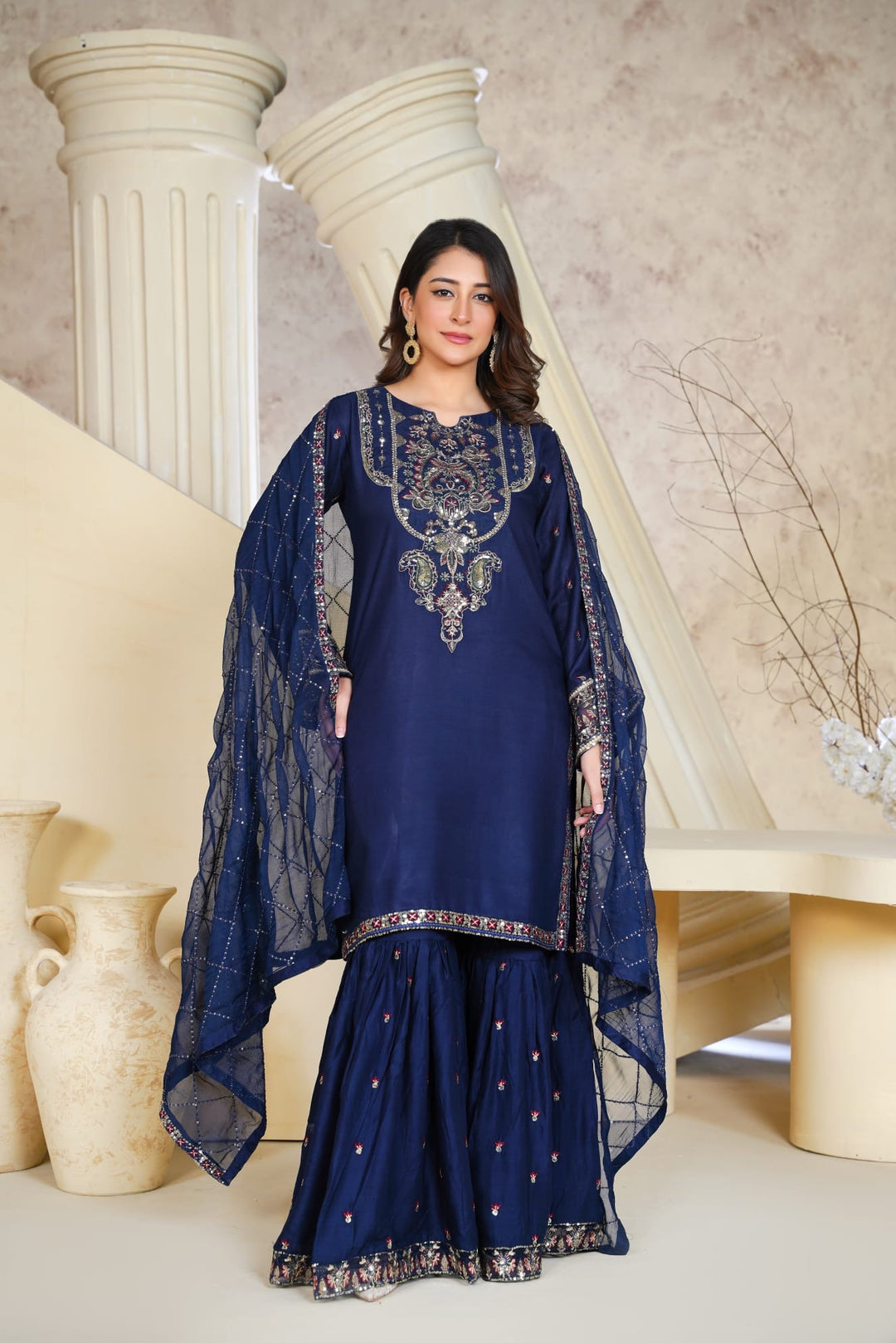 1162D - Blue Embroidered Linen 3 Piece Sharara suit