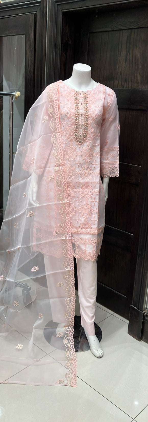 PINK EMBROIDERED ORGANZA & COTTON 3 PIECE SUIT 429B