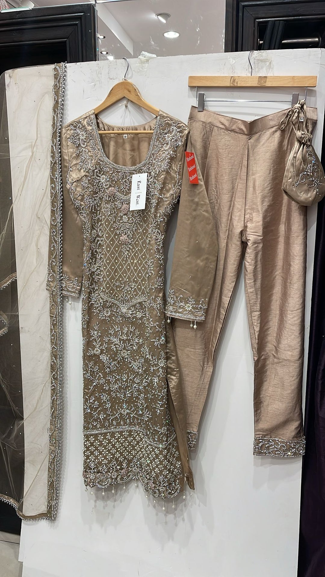 151D  - BEIGE GOLD EMBROIDERED & EMBELLISHED NET SUIT