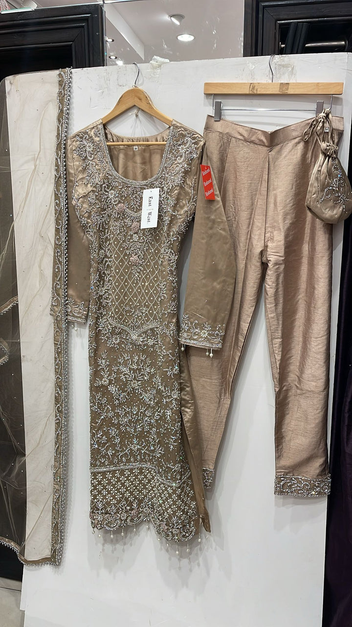151D  - BEIGE GOLD EMBROIDERED & EMBELLISHED NET SUIT