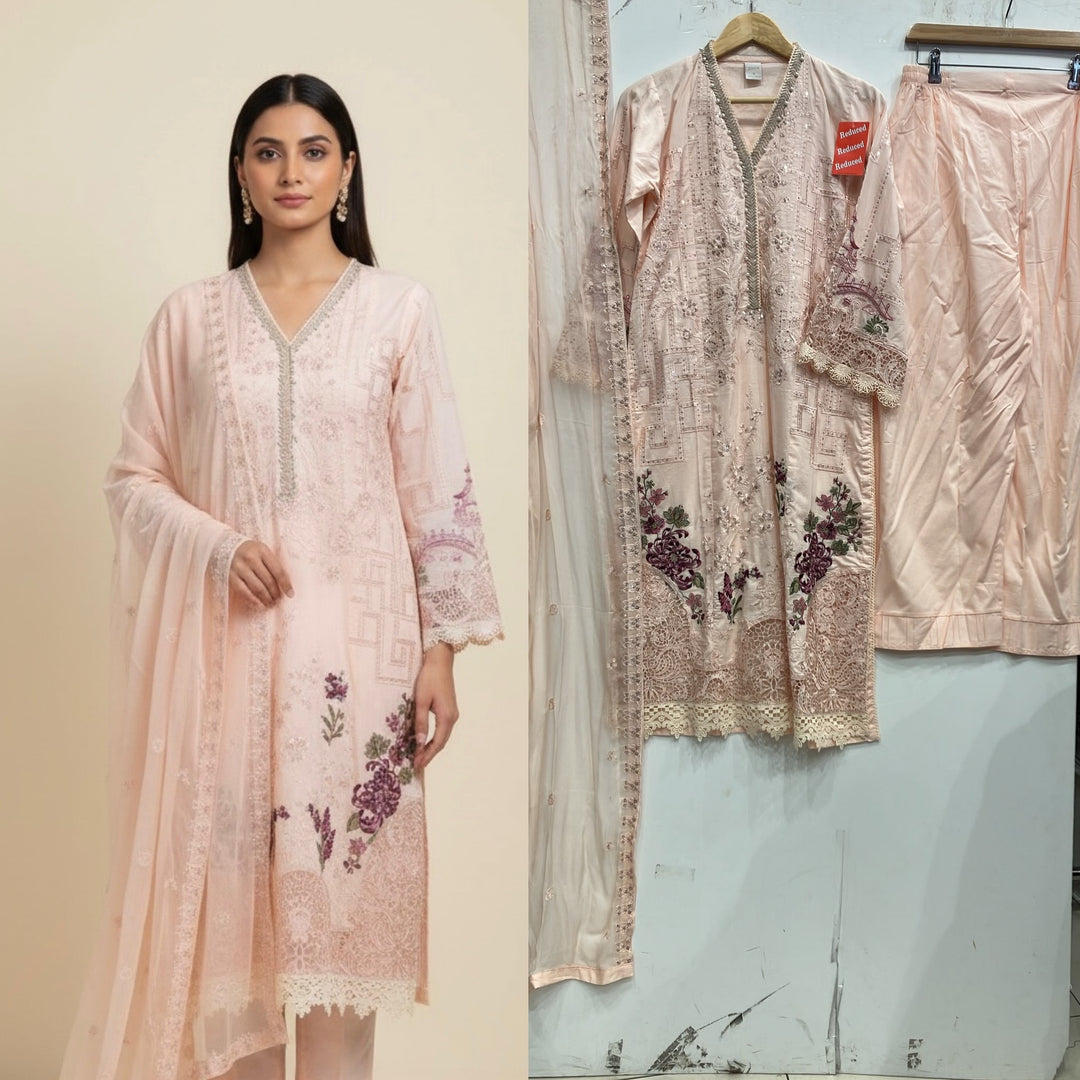 1117C - Light Peach Embroidered Cotton 3 Piece suit