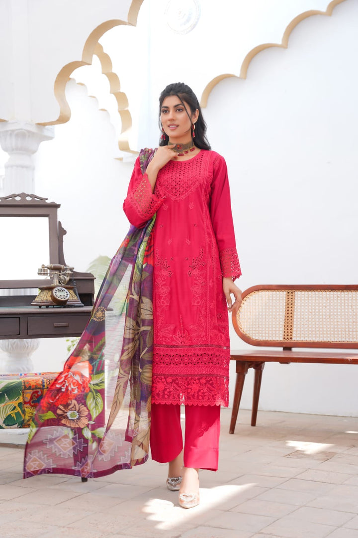 LP07C - RED EMBROIDERED LINEN 3 PIECE SUIT
