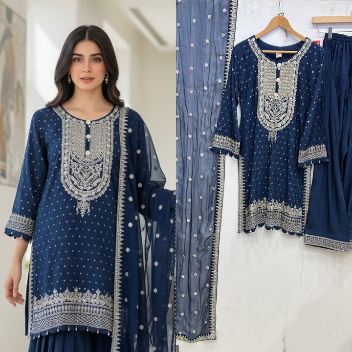 362C- Blue Embroidered Silk Farshi Shalwar 3 Piece Suit