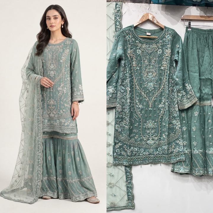 374B Sage Green Embroidered Chiffon Gharara 3 Piece Suit