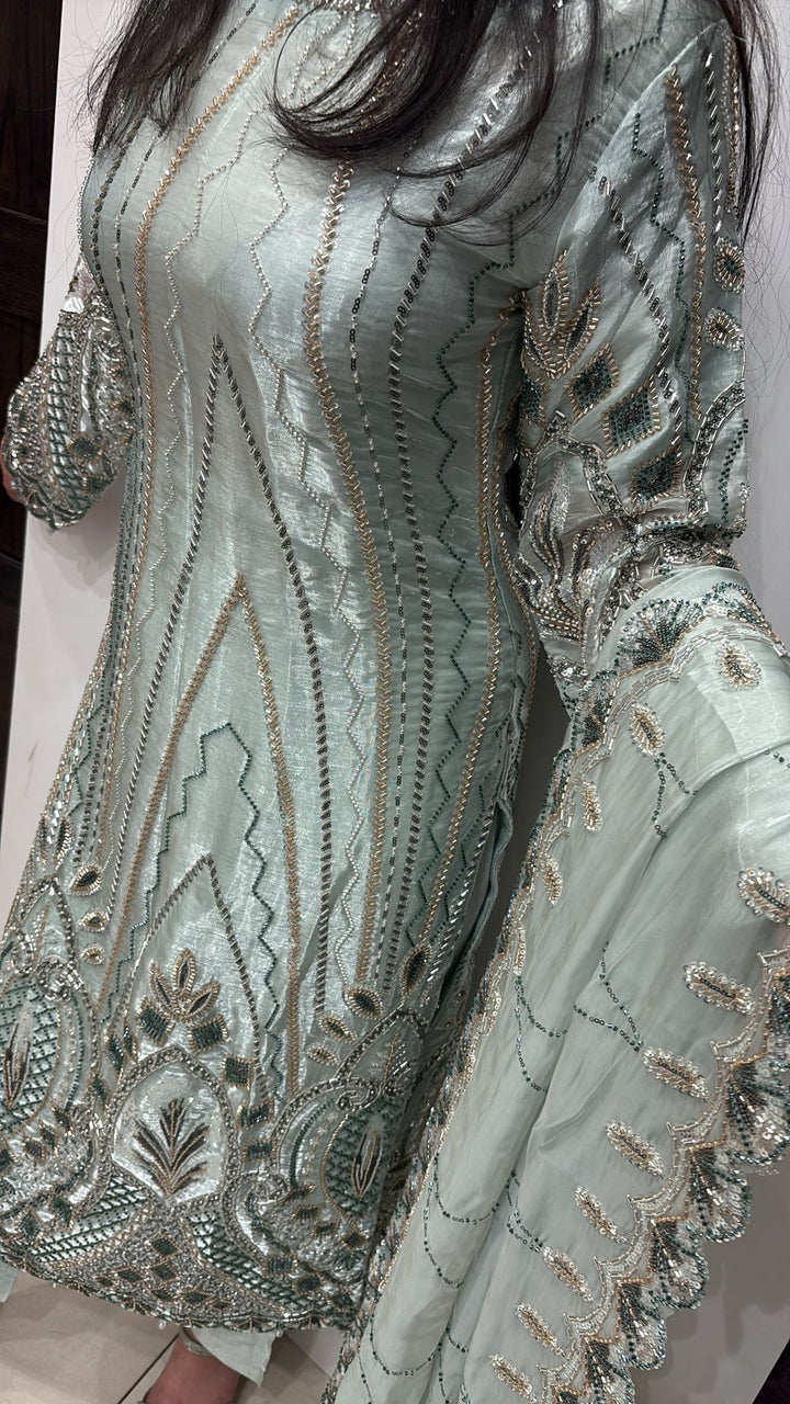 387B - LIGHT GREEN EMBROIDERED SILK SUIT