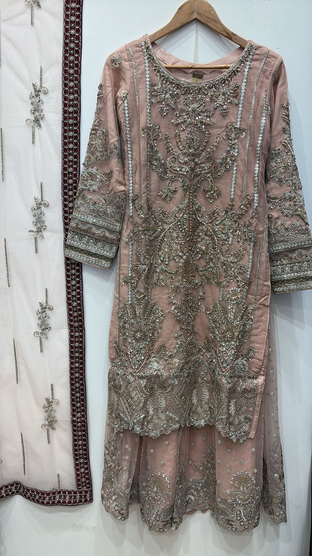 351B - PEACHY PINK NET EMBROIDERED SHARARA SUIT