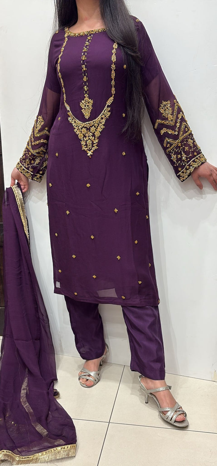 322B - PURPLE CHIFFON EMBROIDERED ADDA WORK SUIT