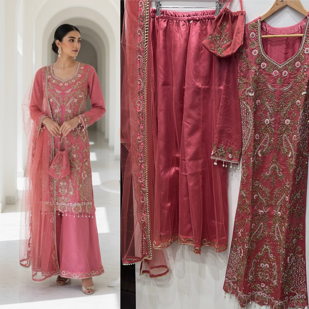 0173B- PINK EMBROIDERED SHARARA SUIT