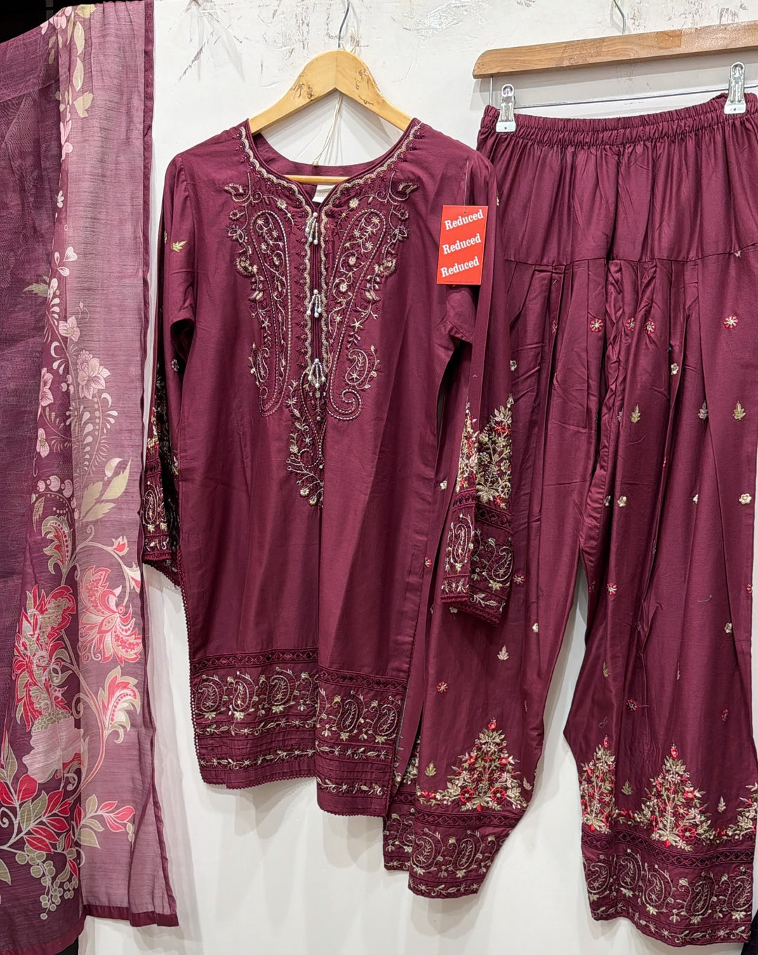 1130E - Plum Viscose Shirt with Farshi Shalwar & Chiffon