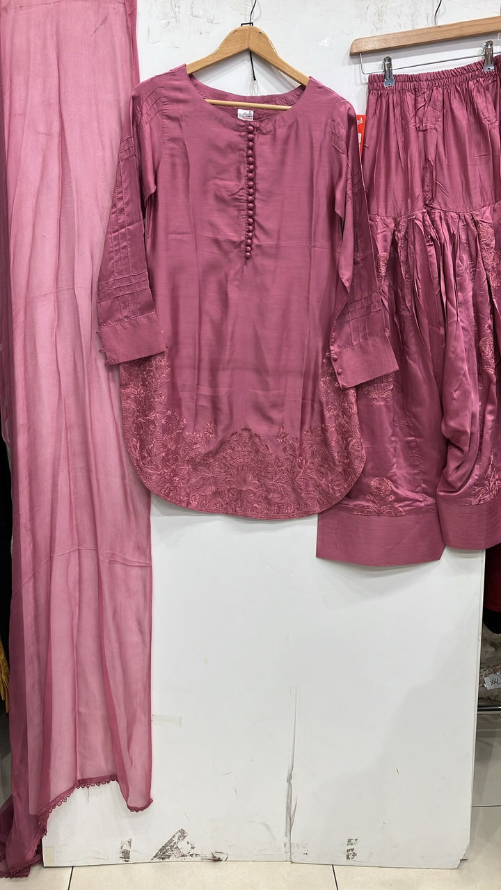 1113C - Purplish Pink Embroidered Viscose Farshi Shalwar 3 Piece suit