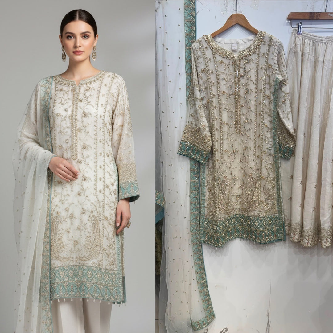 340A- Cream Embroidered Chiffon 3 Piece Suit