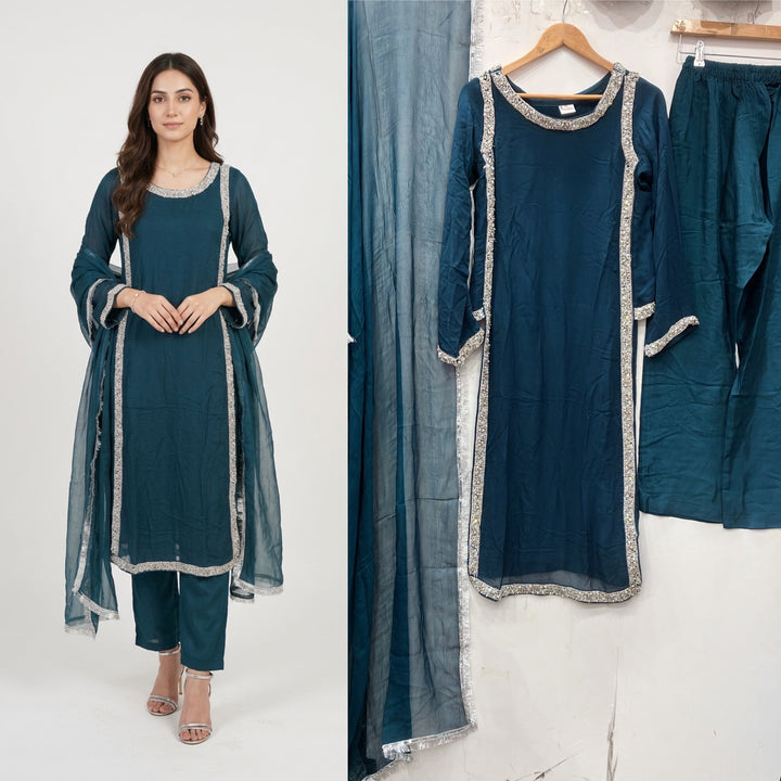 377C Teal Embroidered Chiffon Hand Work 3-Piece Suit