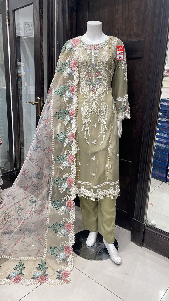 MINT GREEN EMBROIDERED CHIFFON 3 PIECE SUIT 228D