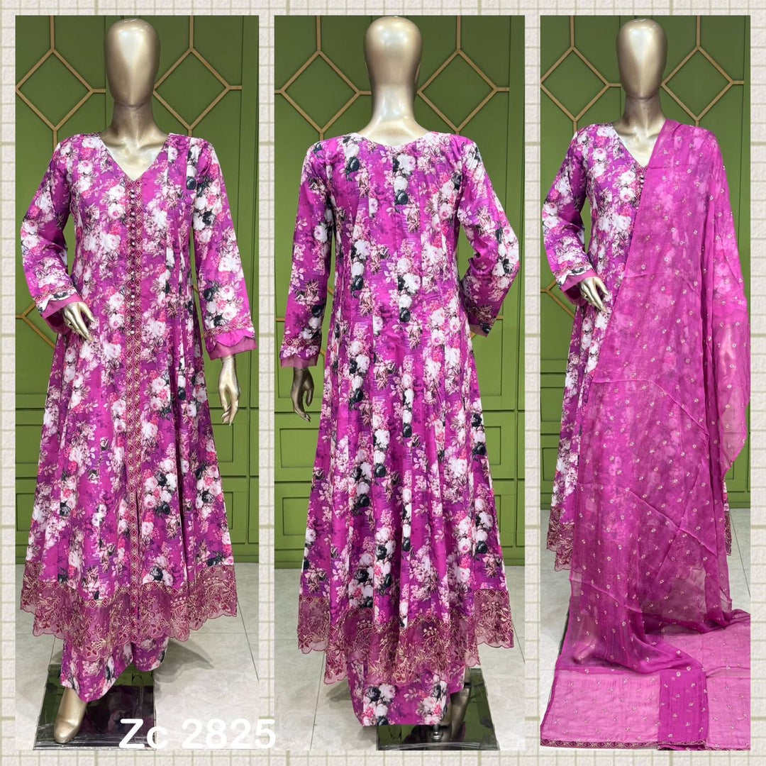 ZC2825A - Purple Embroidered Cotton 3 Piece suit