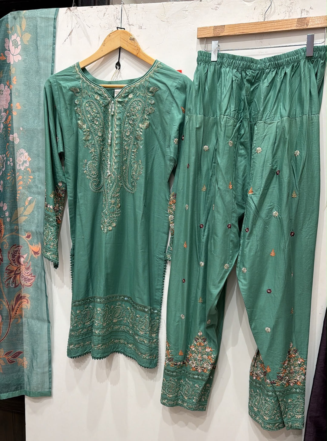1130B - Sage Green Viscose Shirt with Farshi Shalwar & Chiffon (Copy) - East meets west clothing 