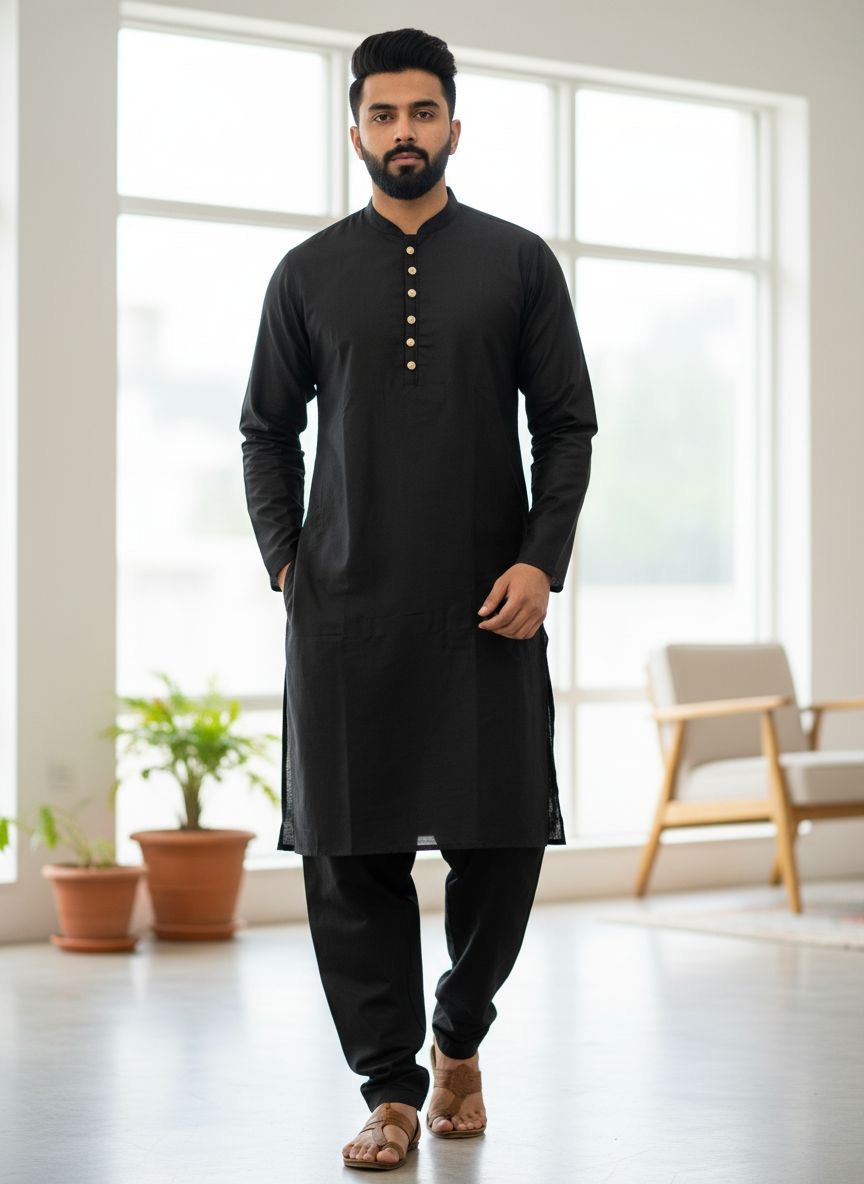 CK603E- Black cotton satin kameez set for Men & Boy