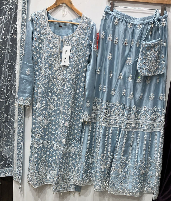 179G - DUSTY BLUE EMBROIDERED & EMBELLISHED NET SUIT
