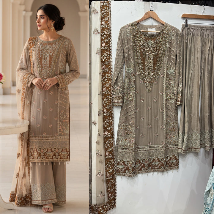 352B- FAWN CHIFFON EMBROIDERED 3 PIECE SUIT
