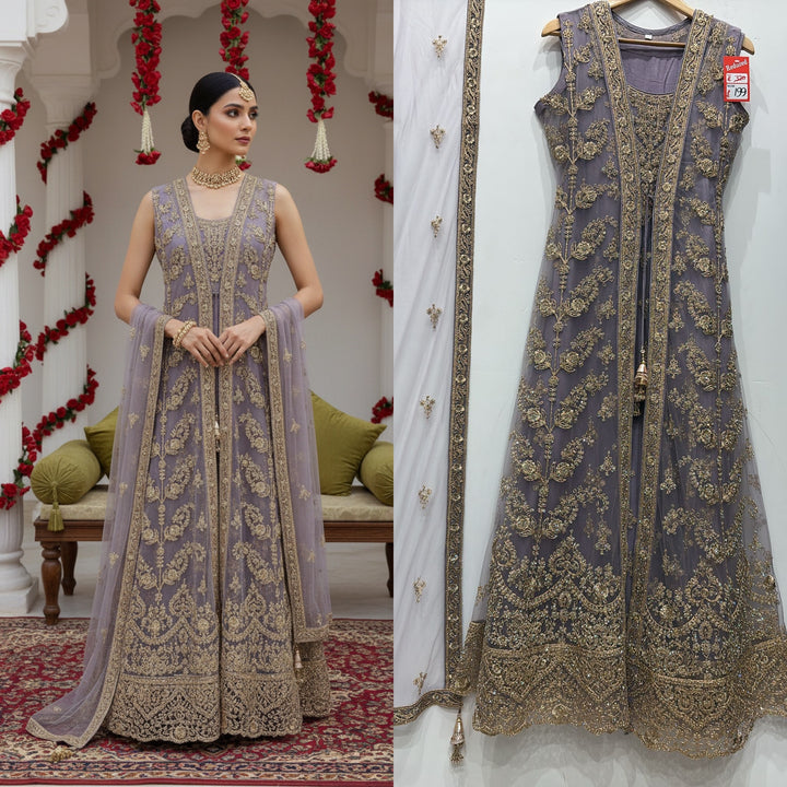 7014C- Mauve Embroidered & Embellished net long dress