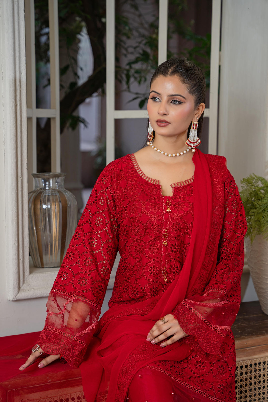 1143B - Red Embroidered Linen 3 Piece suit