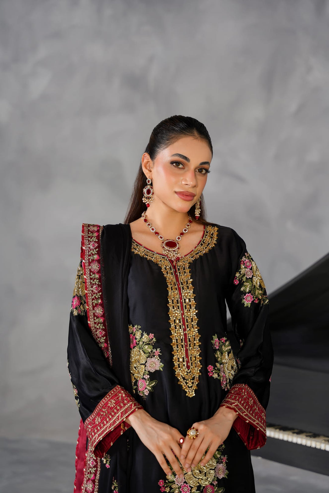 335C- Black/Red Embroidered Shamoz Silk 3 Piece Suit