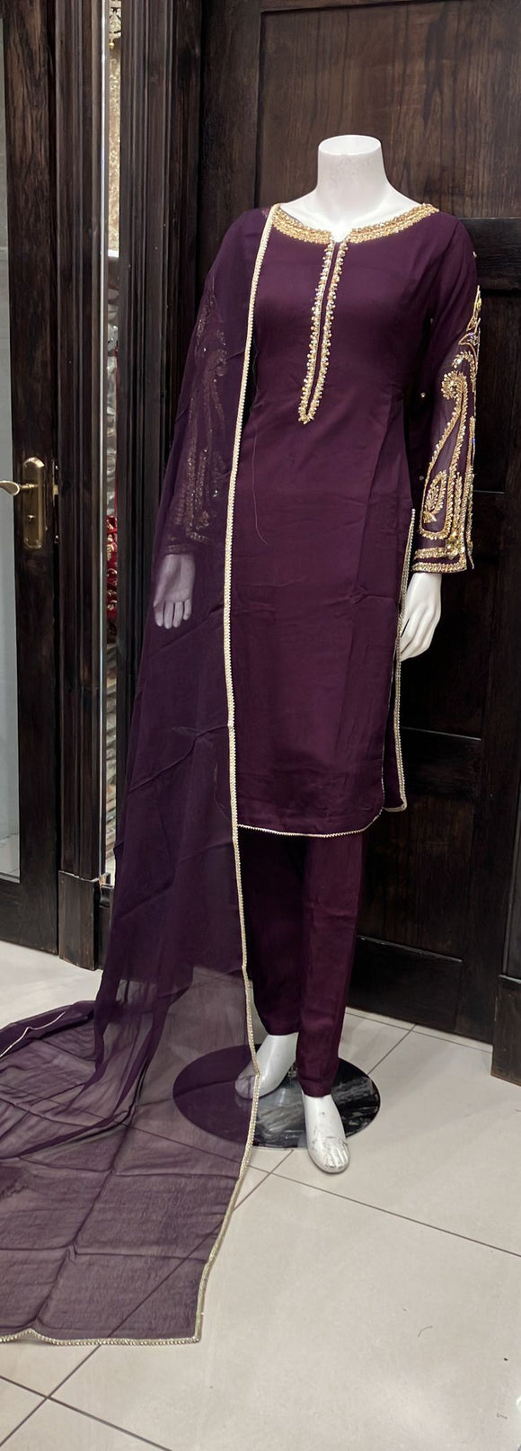 PURPLE EMBROIDERED CHIFFON 3 PIECE SUIT 382A