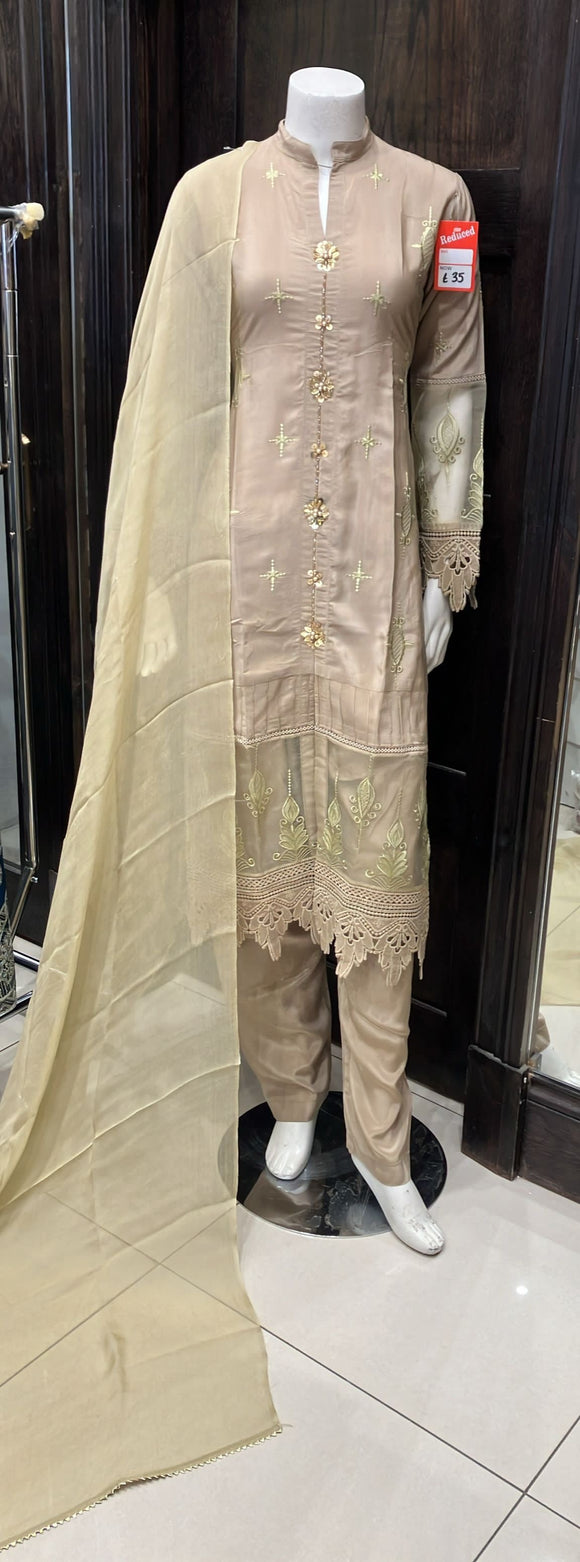 BEIGE GOLD EMBROIDERED VISCOSE SILK 3 PIECE SUIT 441A