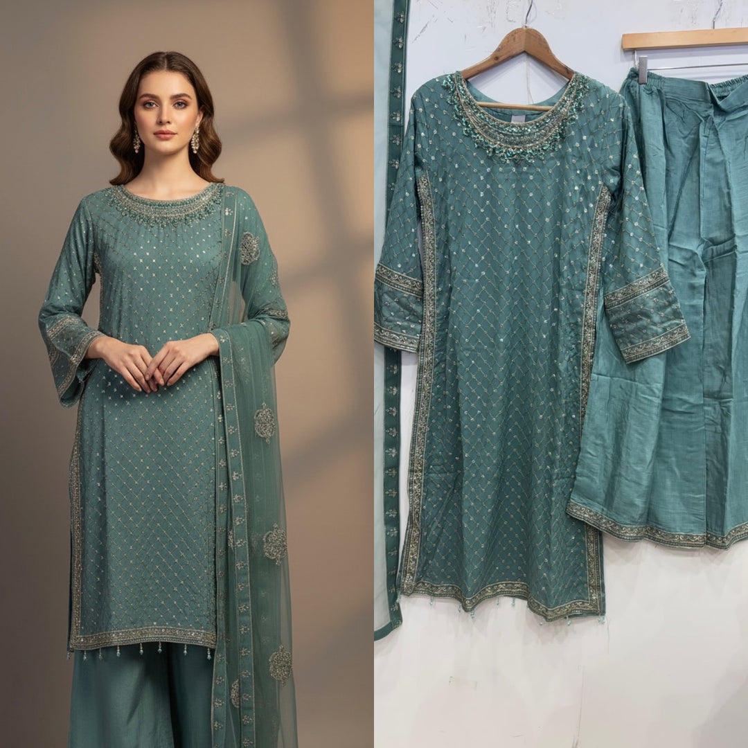 345C- Teal Embroidered Chiffon 3 Piece Suit