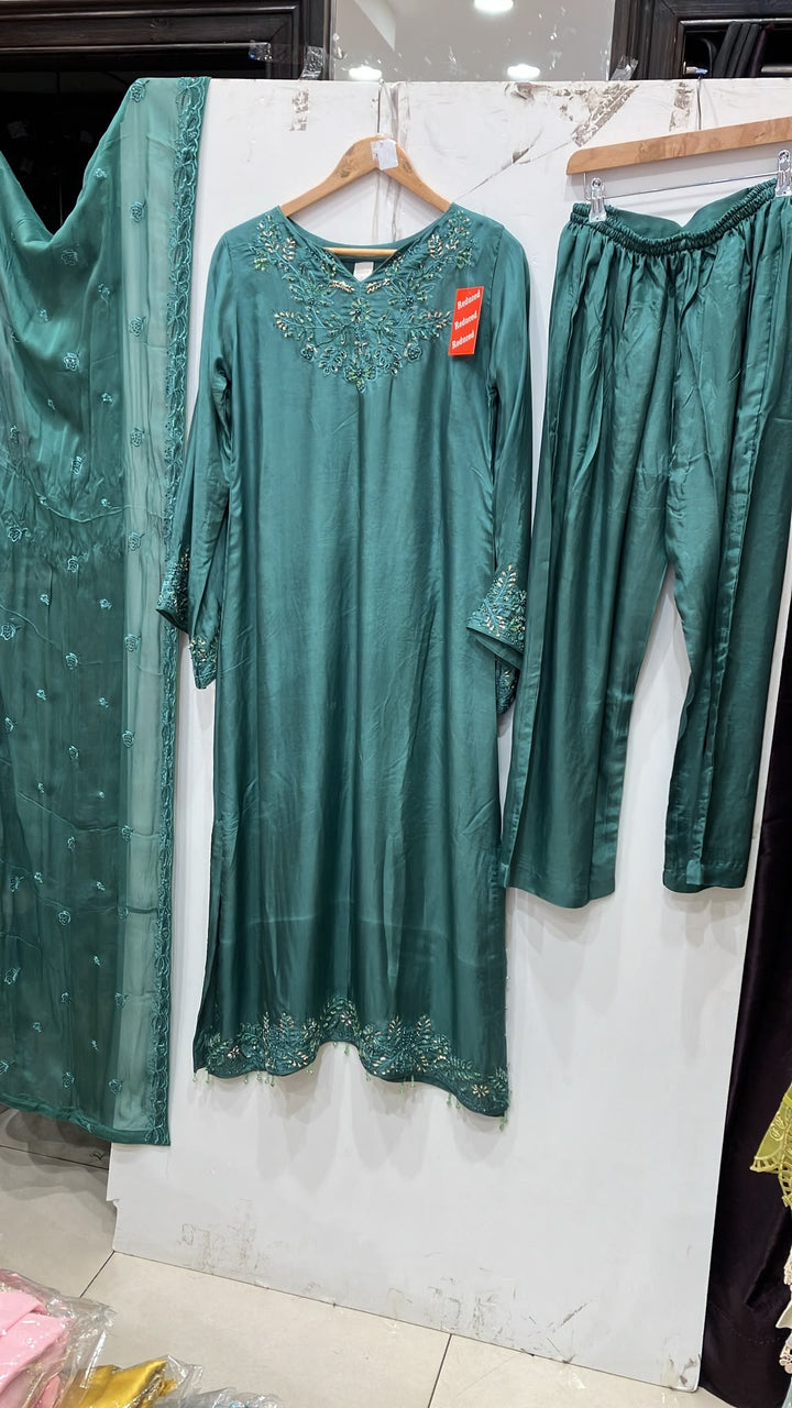 Zc2842b - Teal Tussle Silk Adda Work Kaftan Style Suit
