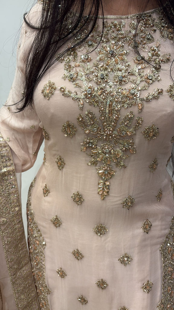 363A- PINK CHIFFON EMBROIDERED 3 PIECE SUIT