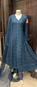 TEAL EMBROIDERED CHIFFON 3 PIECE SUIT 371G