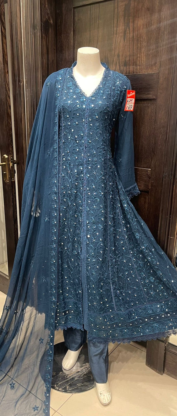 TEAL EMBROIDERED CHIFFON 3 PIECE SUIT 371G