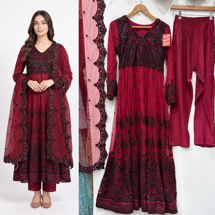 370B - MAROON NET EMBROIDERED LONG DRESS