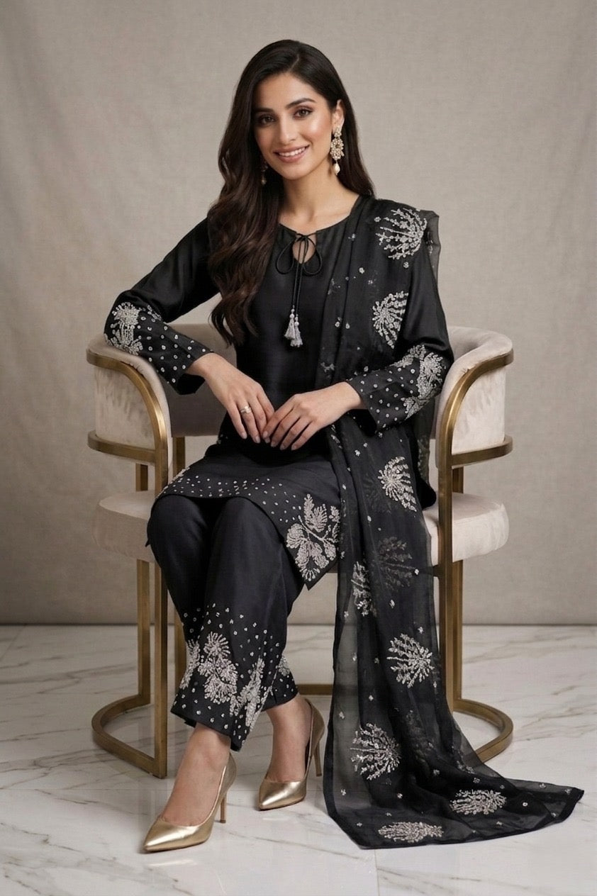 1179A - Black Embroidered Viscose 3 Piece suit