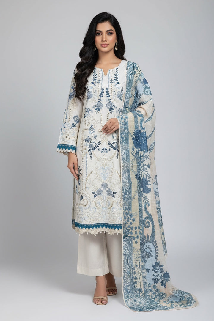 1118B- Cream Embroidered Cotton 3 Piece suit