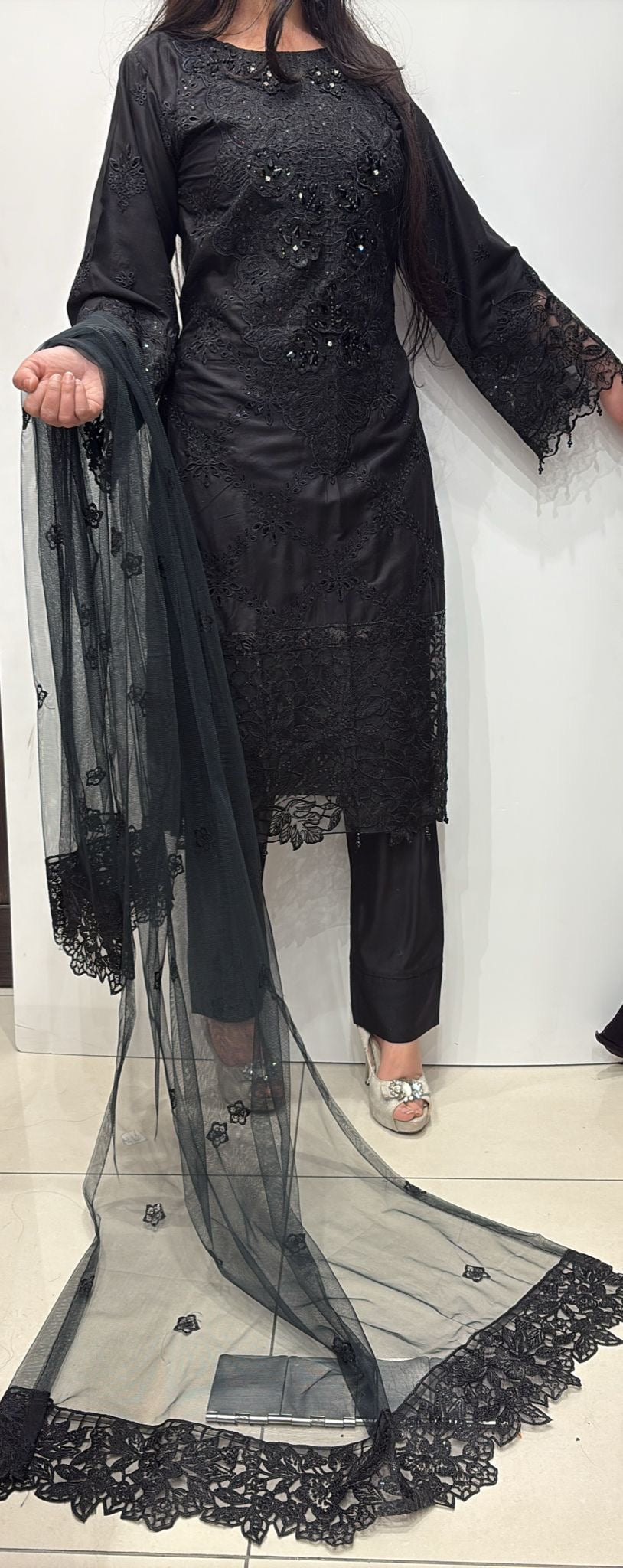 74D - Maria b inspired Black Embroidered Linen suit
