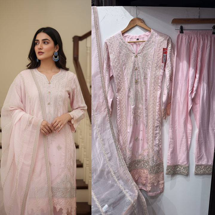 1153C - Light Pink Embroidered Linen 3 Piece suit