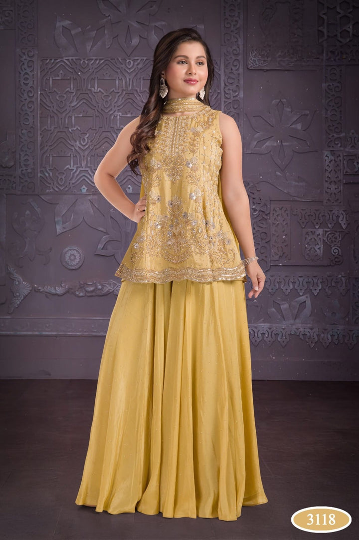 3118B - GIRLS YELLOW EMBROIDERED SHARARA DRESS