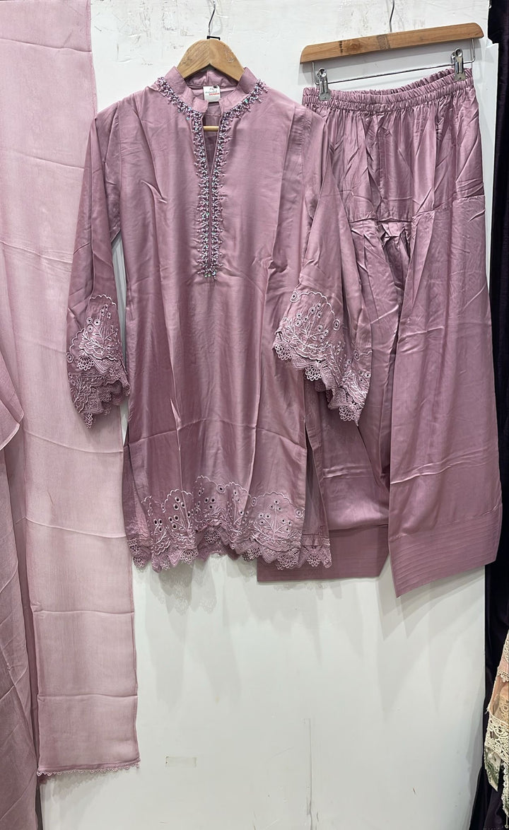 NF02 - Mauve Farshi Shalwar Embroidered linen suit